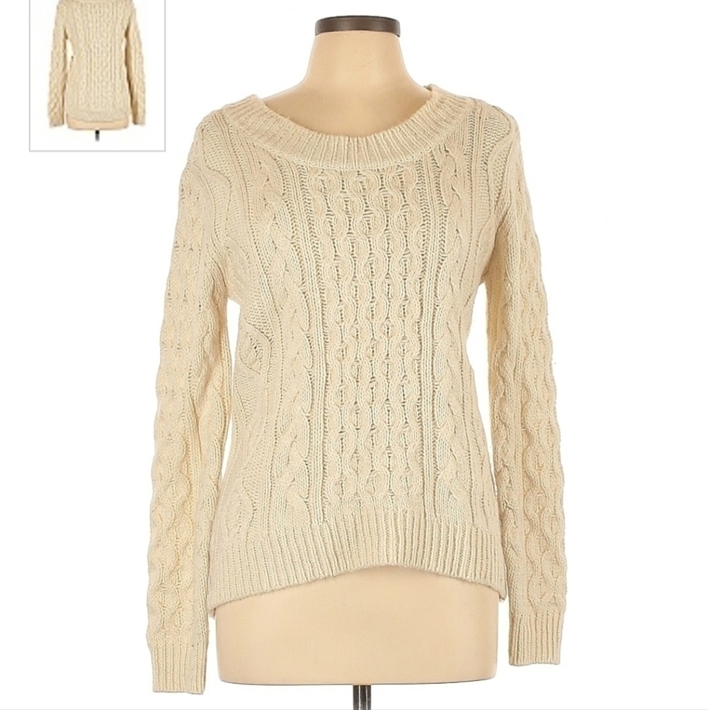 JCP Wool Blend Cream Cable Knit Sweater Women's Large L Neutral Cozy Round Neck